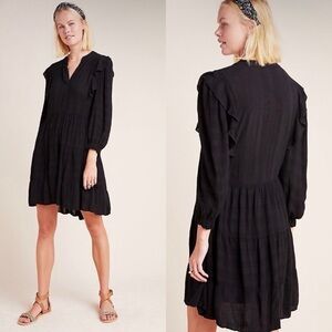 Anthropologie Amadi Black 3/4 Sleeve Rossi Ruffled Tunic Dress
